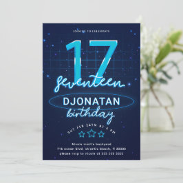 Invitación Blue Neon 17th Birthday Party Let's Glow Crazy