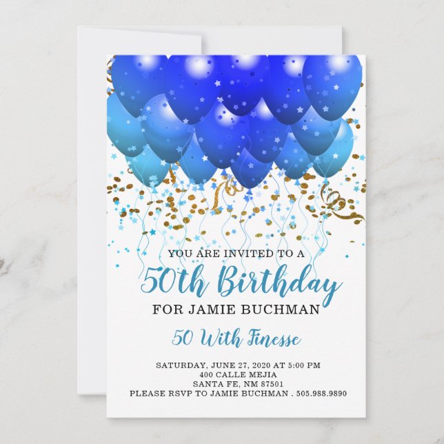 Invitación Blue Neon Balloons Confetti 50 cumpleaños (Anverso)