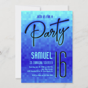 Invitación Blue Neon Pixel Teen Birthday