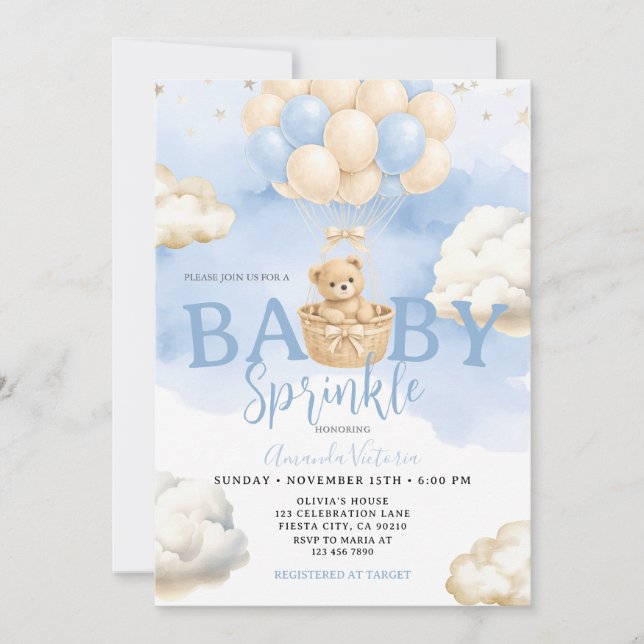 Invitación Blue Neutral Bear Cloud Balloon Baby Shower (Anverso)