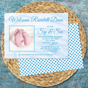Invitación Blue Newborn Baby Boy Sip y See Personalizado Phot
