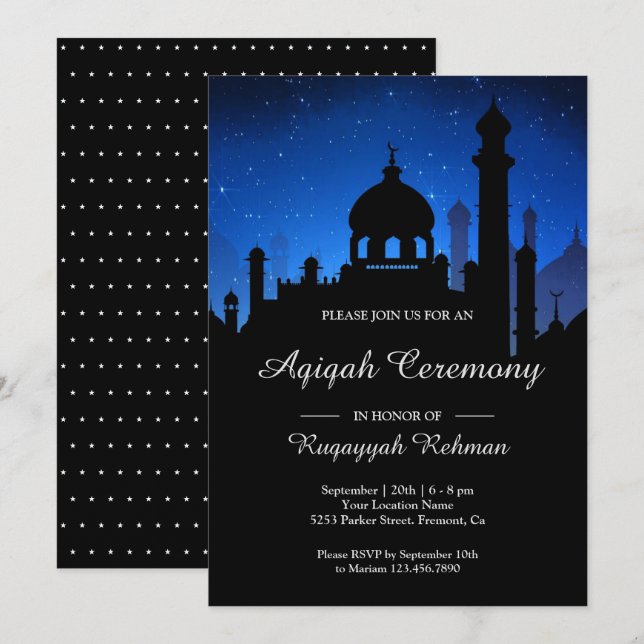 Invitación Blue Night Sky Arabian Nights Aqiqah (Anverso / Reverso)