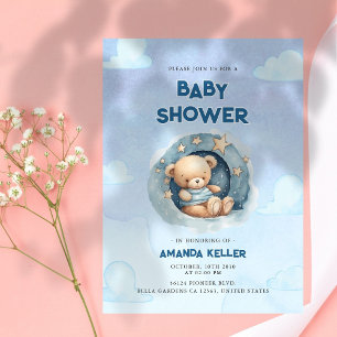 Invitación Blue Night Sky Baby Bear Shower Invitation