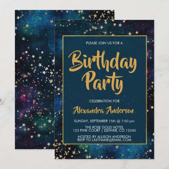 Invitación Blue Night Sky con la fiesta de cumpleaños de las  (Anverso / Reverso)