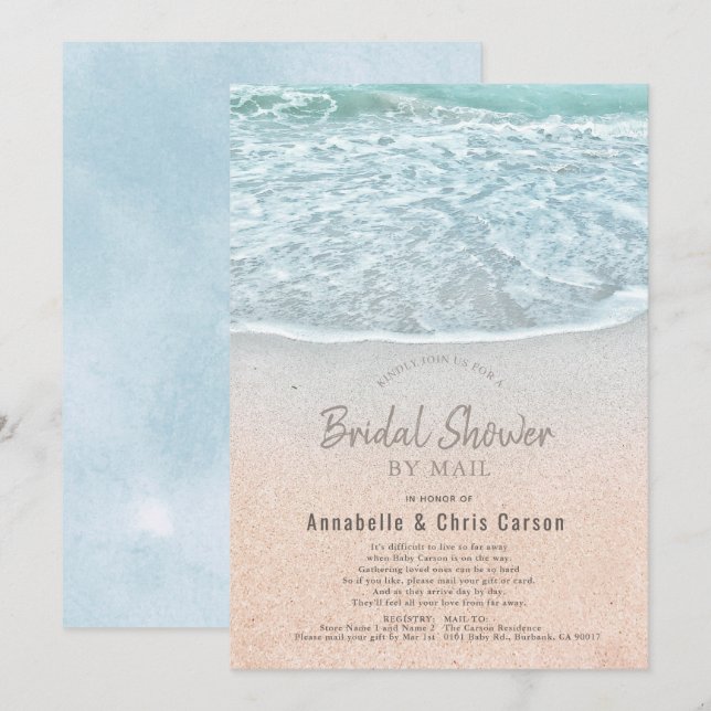 Invitación Blue Ocean and Sandy Beach Bridal Shower por corre (Anverso / Reverso)