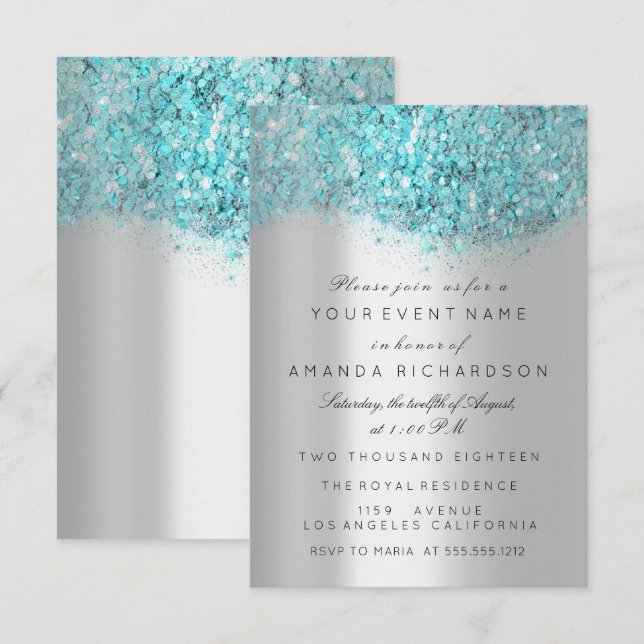 Invitación Blue Ocean Confetti Silver Gray Bridal Sweet 16th (Anverso / Reverso)