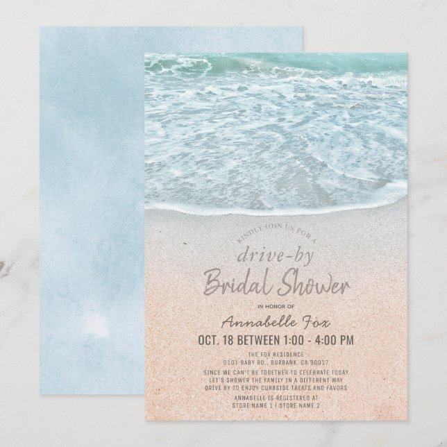 Invitación Blue Ocean & Sandy Beach Drive-by Bridal Shower (Anverso / Reverso)