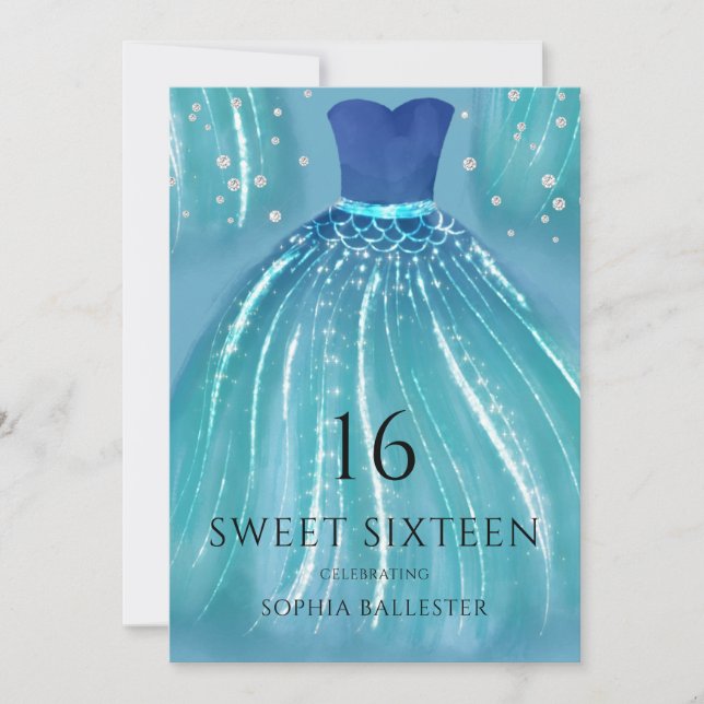Invitación Blue Ombre Mermaid Vestido 15th Sweet 16 Fiesta (Anverso)