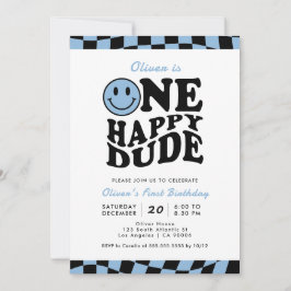 Invitación Blue One Happy Dude Preppy Smile Boy primer cumple