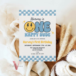 Invitación Blue ONE HAPPY DUDE Smile Retro Groovy Cumpleaños
