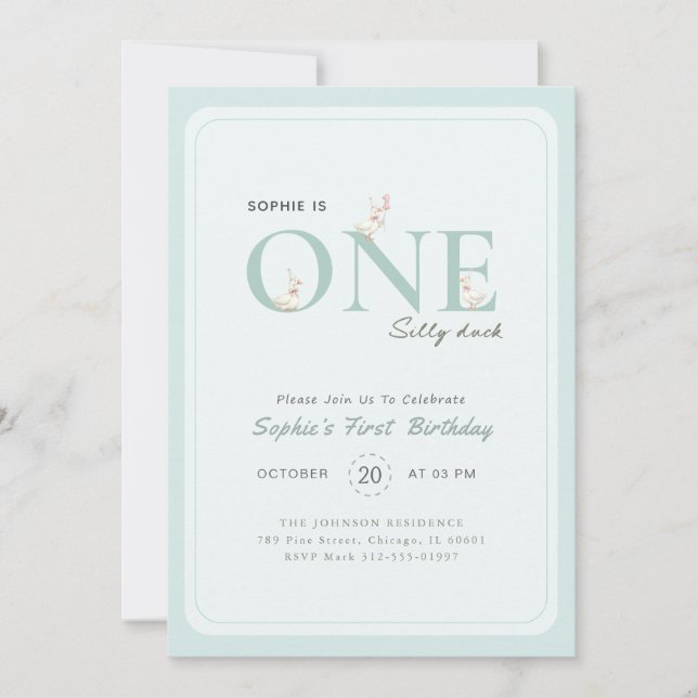 Invitación Blue One Silly Duck Bow Baby First Birthday (Anverso)