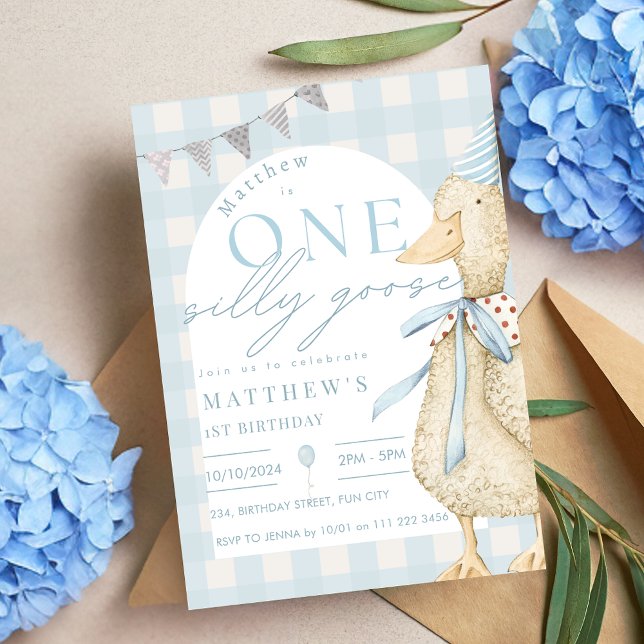 Invitación Blue One Silly Goose Gingham Primer Cumpleaños (Blue One Silly Goose Gingham 1st Birthday Invitation)
