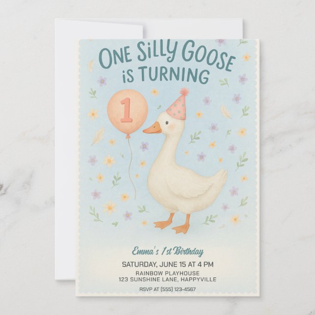 Invitación Blue One Silly Goose Primer Cumpleaños Para Los Ch (Anverso)