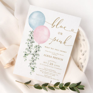 Invitación Blue or Pink Balloons Eucalyptus Gender Reveal Inv