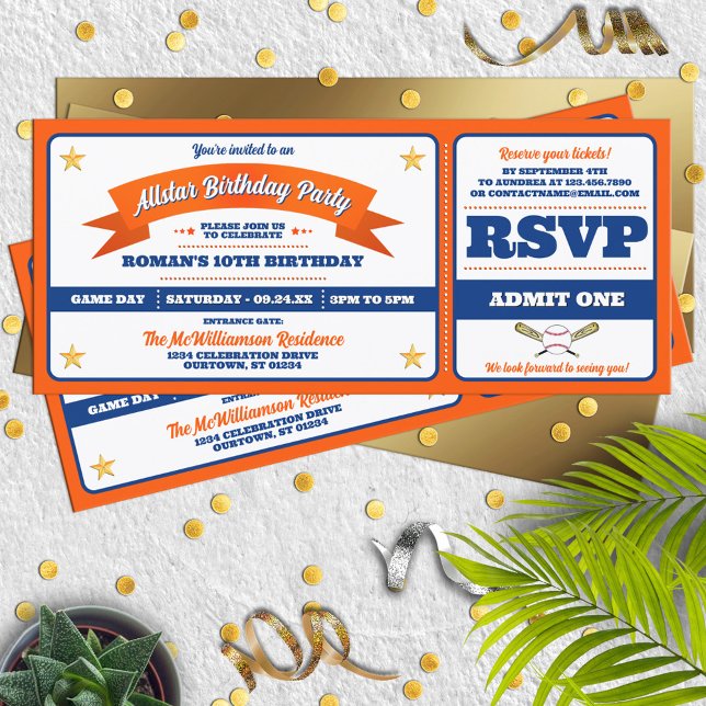 Invitación Blue & Orange Baseball Allstar Ticket Birthday (Subido por el creador)