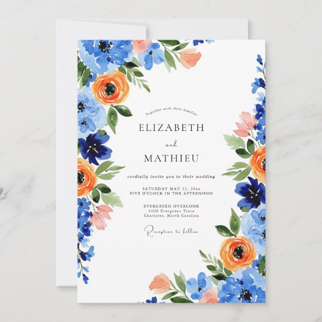 Invitación Blue Orange Blooming Spring Wedding (Anverso)
