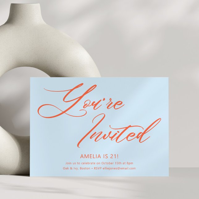 Invitación Blue Orange Bold Script 21st Birthday Party (Subido por el creador)