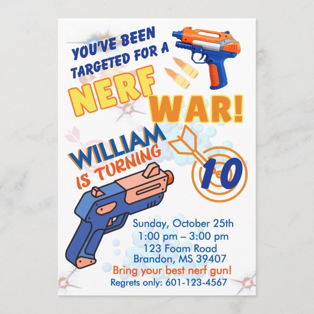 Invitación Blue Orange Boys BD Party- Nerf War 10th Birthday (Anverso)