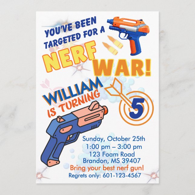 Invitación Blue Orange Boys BD Party- Nerf War 5th Birthday (Anverso)