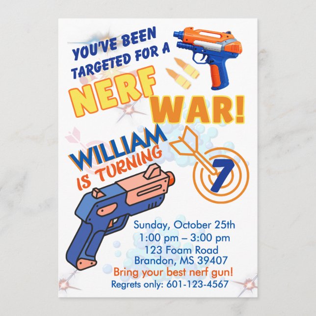 Invitación Blue Orange Boys BD Party- Nerf War 7th Birthday (Anverso)
