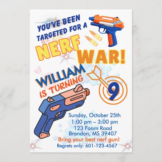 Invitación Blue Orange Boys BD Party- Nerf War 9th Birthday (Anverso)