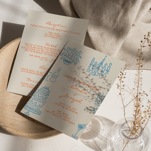 Invitación Blue Orange Drawn Whimsical All In One Wedding (Subido por el creador)