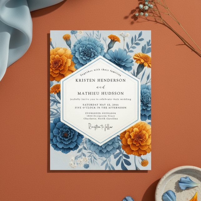 Invitación Blue Orange Floral Autumn Wedding (Subido por el creador)
