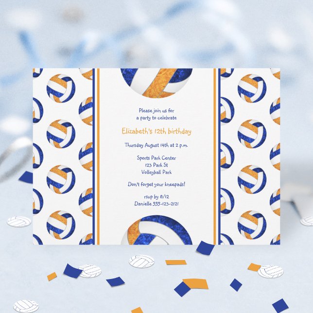 Invitación blue orange girls custom volleyball birthday party (Subido por el creador)