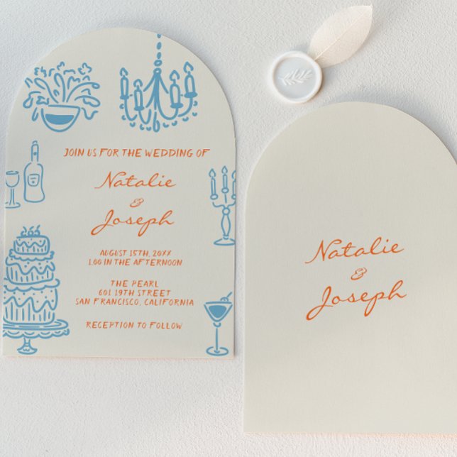 Invitación Blue Orange Hand Drawn Whimsical Arched Wedding (Subido por el creador)
