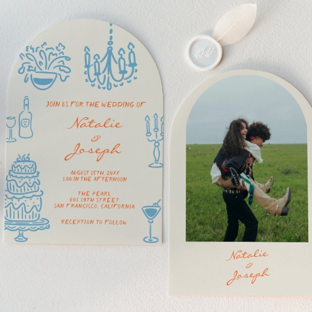 Invitación Blue Orange Hand Drawn Whimsical Arched Wedding (Subido por el creador)