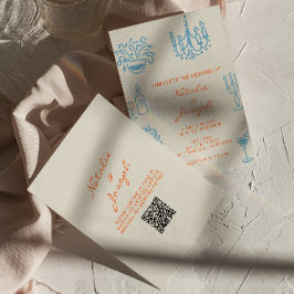Invitación Blue Orange Hand Drawn Whimsical QR Code Wedding