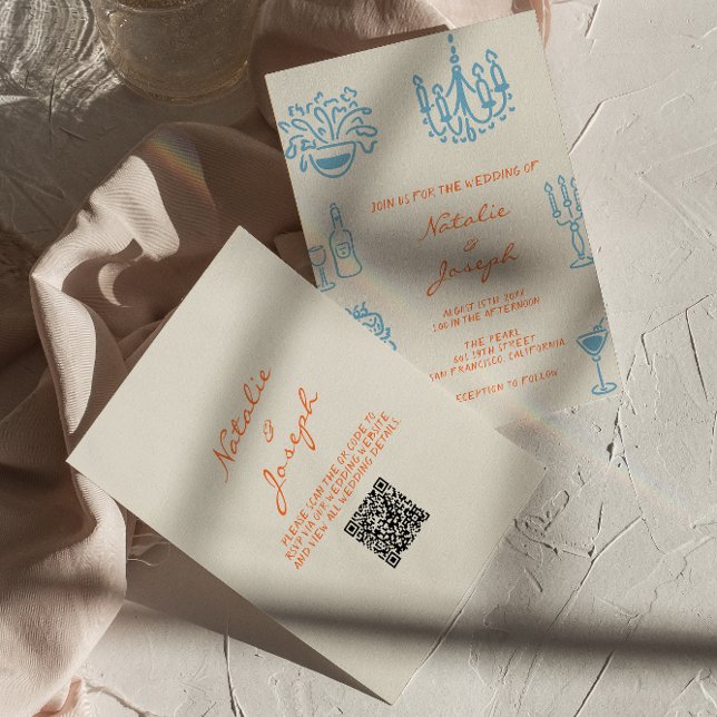 Invitación Blue Orange Hand Drawn Whimsical QR Code Wedding (Subido por el creador)