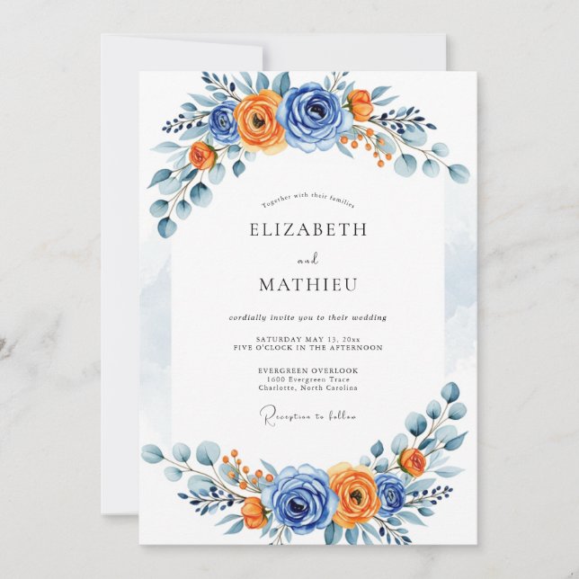 Invitación Blue Orange Romantic Bloom Wedding (Anverso)