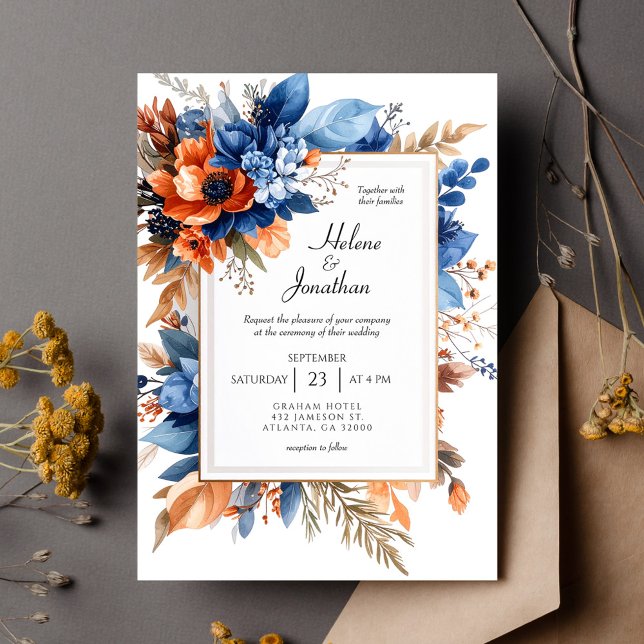 Invitación Blue Orange Terracotta Floral Boho Elegant Wedding (Blue Orange Terracotta Floral Boho Elegant Wedding Invitation)