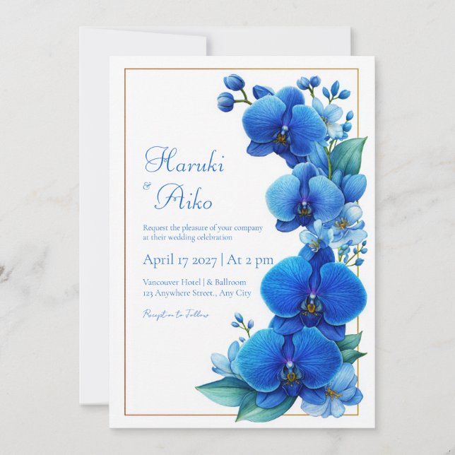 Invitación Blue Orchid Gold Geometric Wedding (Anverso)