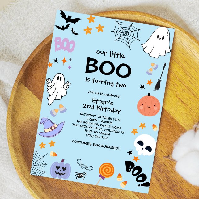 Invitación Blue Our Little Boo Boy Halloween 2º cumpleaños (Blue Our Little Boo Boy Halloween 2nd Birthday Invitation )