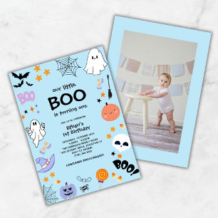 Invitación Blue Our Little Boo Photo Halloween 1er cumpleaños