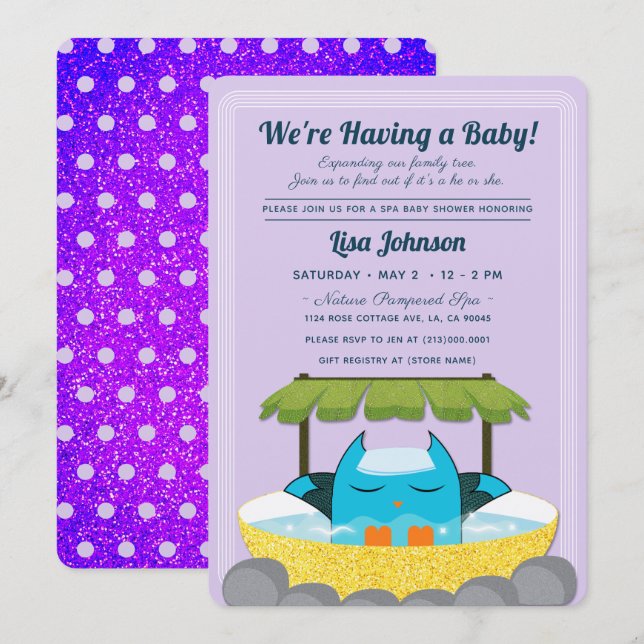 Invitación Blue Owl Spa Purpurina púrpura Polka puntos Baby S (Anverso / Reverso)