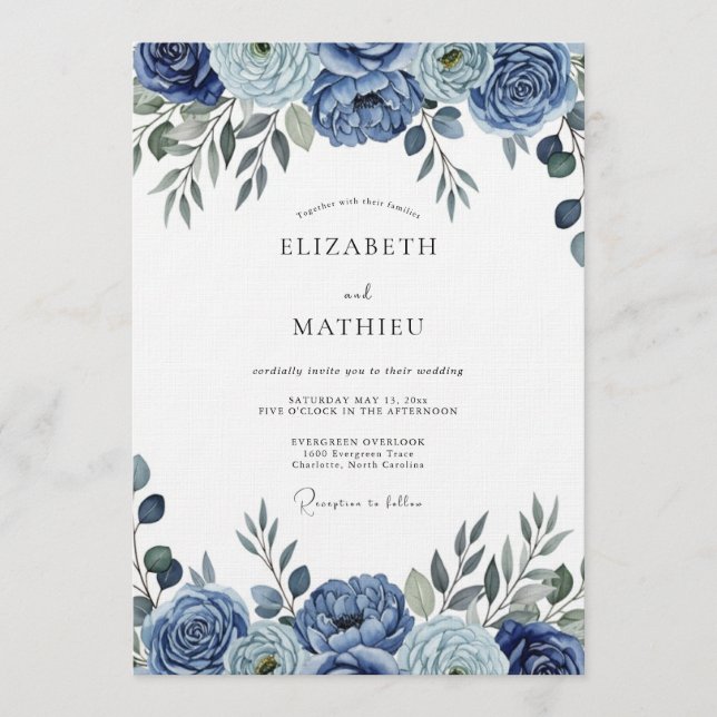 Invitación Blue Painterly Floral Wedding (Anverso)