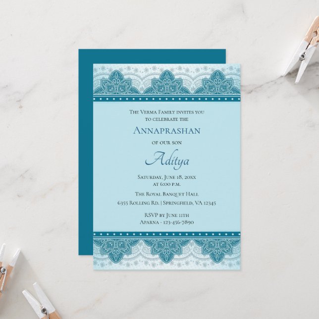 Invitación Blue Paisley Annaprashan | Primer arroz (Anverso/Reverso In Situ)