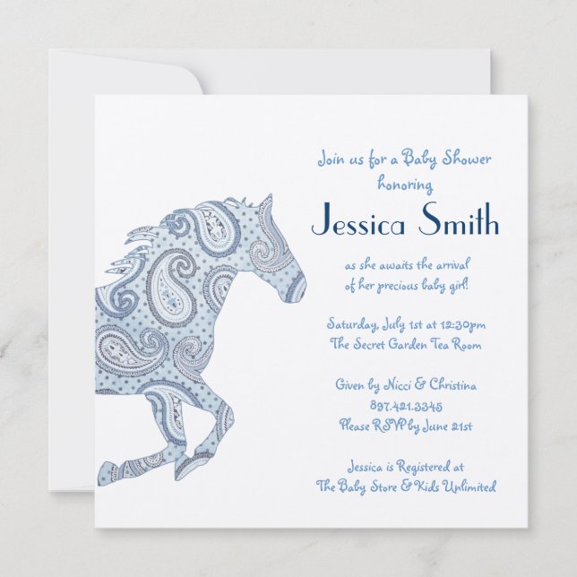 Invitación Blue Paisley Horse Baby Shower (Anverso)