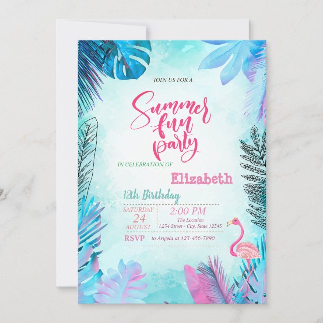 Invitación Blue Palm Leaves Pink Flamingo Summer Birday (Anverso)