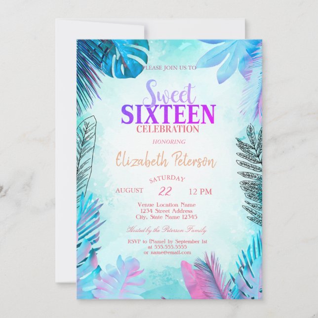 Invitación Blue Palm Leaves Verano Dulce 16 (Anverso)