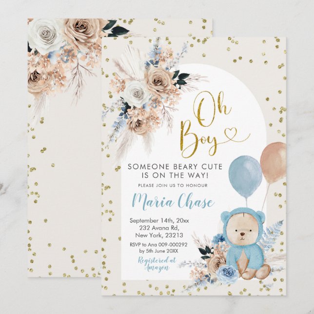 Invitación Blue Pampas Grass Boho Bear Boy Baby Shower Invita (Anverso / Reverso)