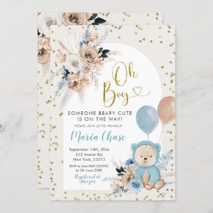 Invitación Blue Pampas Grass Boho Bear Boy Baby Shower Invita