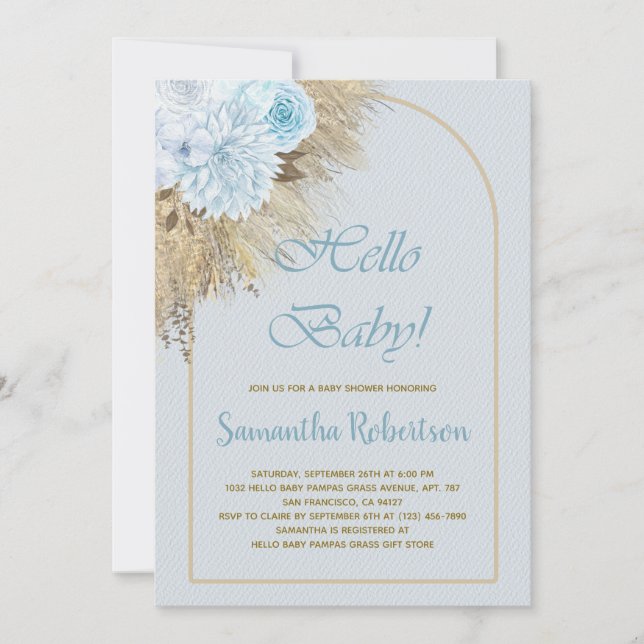 Invitación Blue Pampas Grass Boho Floral Boy Baby Shower (Anverso)