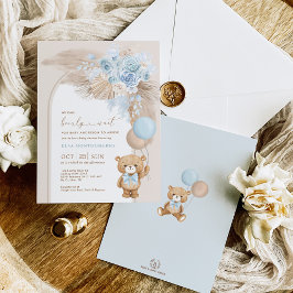 Invitación Blue Pampas Teddy Bear Balloon Boy Baby Shower