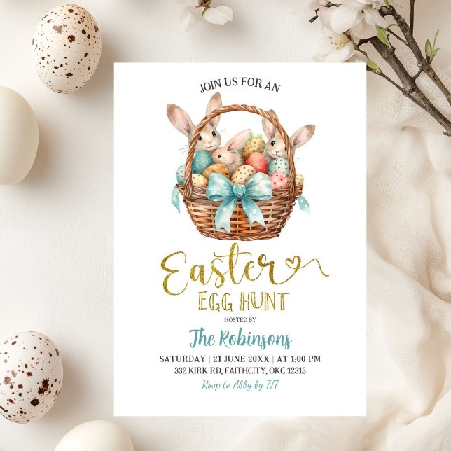 Invitación Blue Pastel Bow Bunny Basket Easter Egg Hunt Party (Subido por el creador)