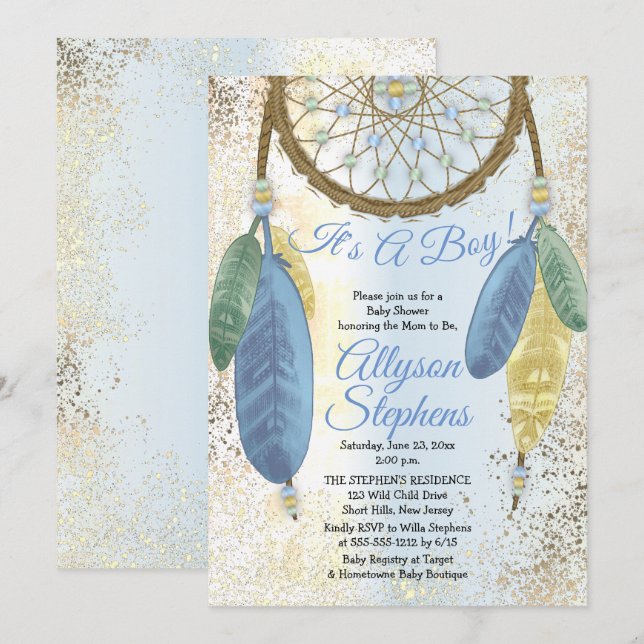 Invitación Blue Pastel Dreamcatcher Es un niño Baby Shower (Anverso / Reverso)