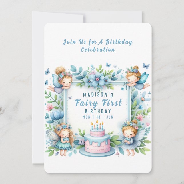 Invitación Blue Pastel Floral Fairy First Birday - (Anverso)